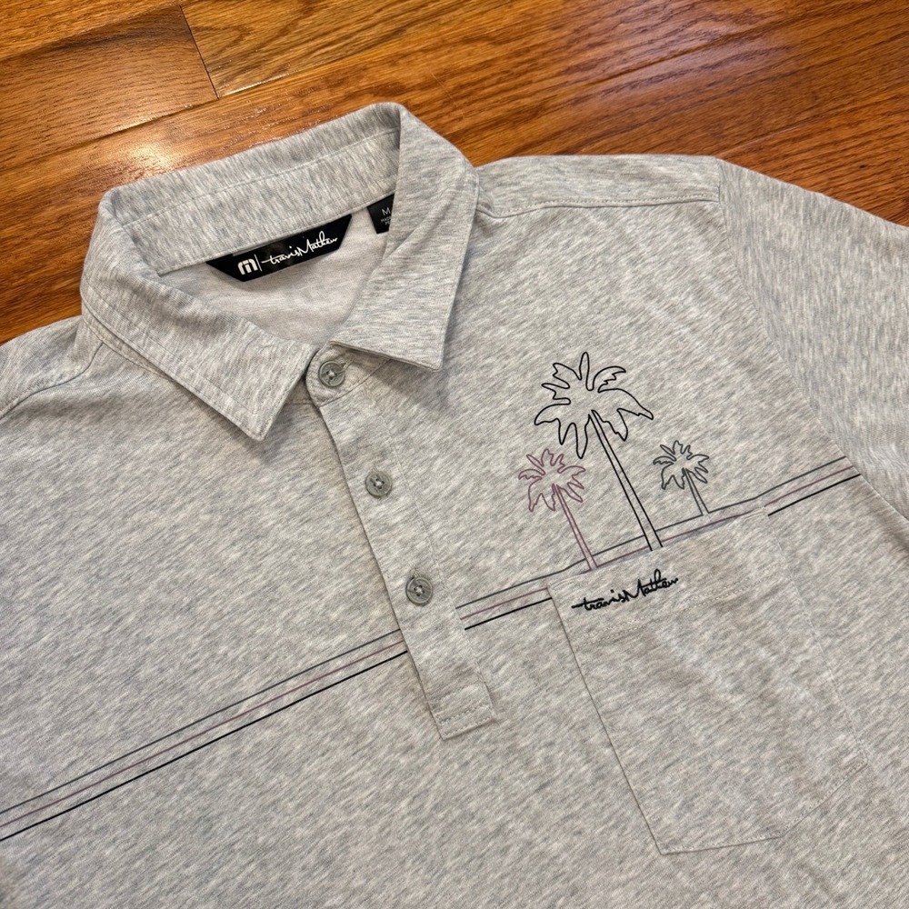 Travis Mathew Golf Polo Shirt Mens Medium Gray Palm Tree Graphic Pocket Stretch
